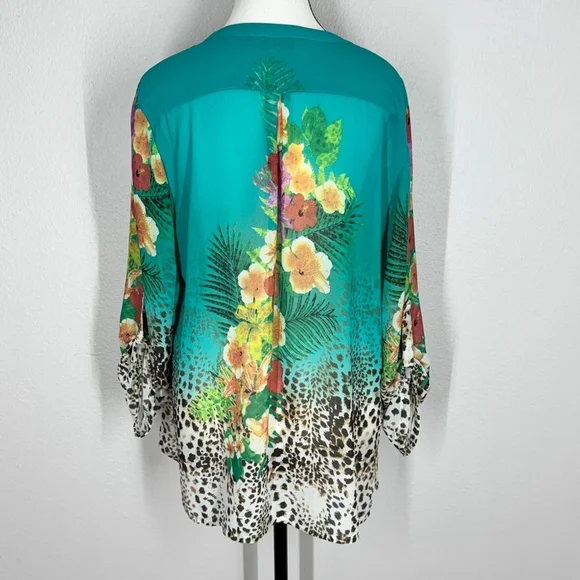 Soft Surroundings Tropical Floral & Animal Print Tunic Blouse Teal Multicolor - Picture 4 of 13